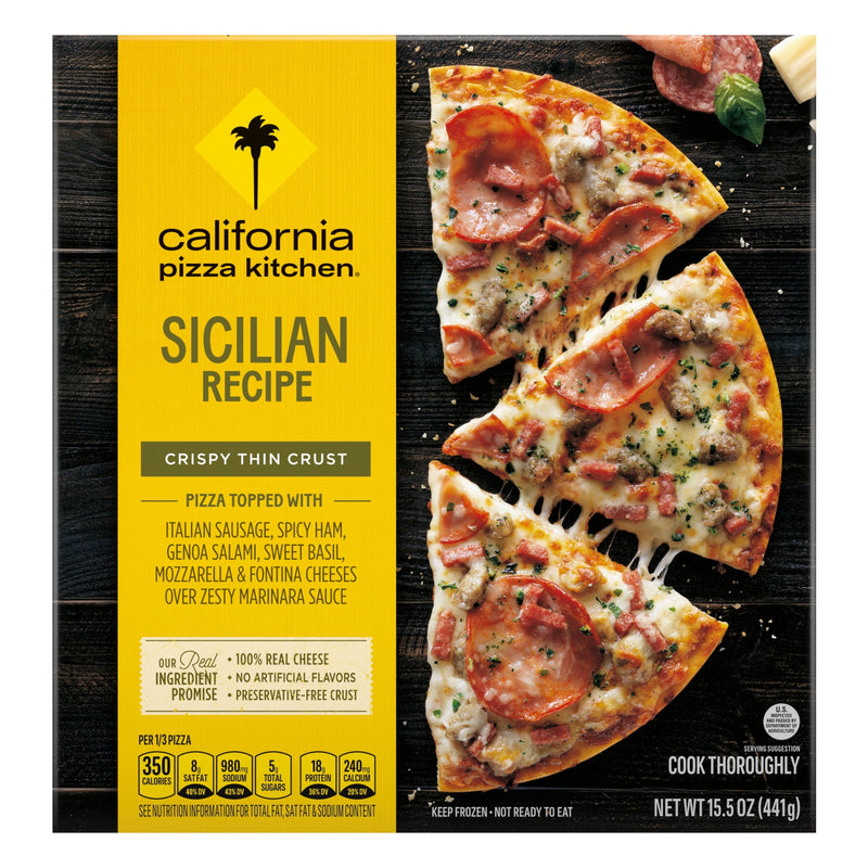 California Pizza Kitchen Frozen Pizza Thin Crust Sicilian Pizza, 15.5 oz — package