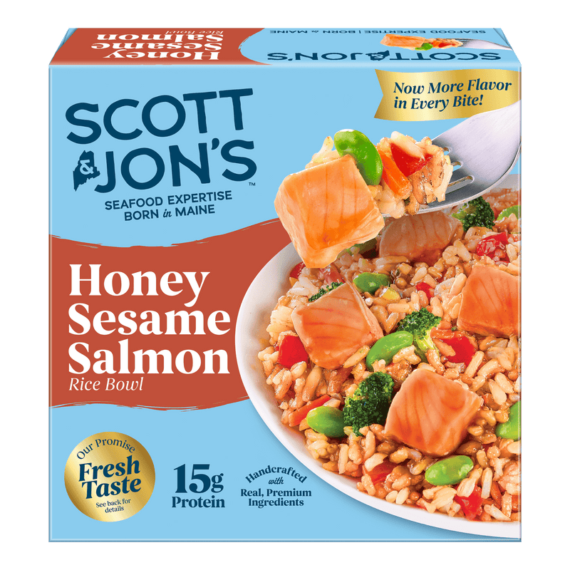 Scott & Jon’s Frozen Meals, Honey Sesame Salmon Rice Bowl, Microwave Meals, Frozen Dinner for One, 9.6 oz — package