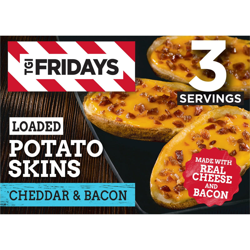 TGI Fridays Loaded Cheddar & Bacon Potato Skins Frozen Snacks, for Restaurant-Style Snacking and Hosting, 8.5 oz — package