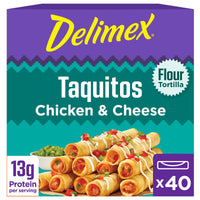 Delimex Chicken and Cheese Taquitos Frozen Snacks, for Easy Snacking and Convenient Meal Solutions, Flour Tortillas, 13g Protein per Serving, 48 oz (1.36kg) — package