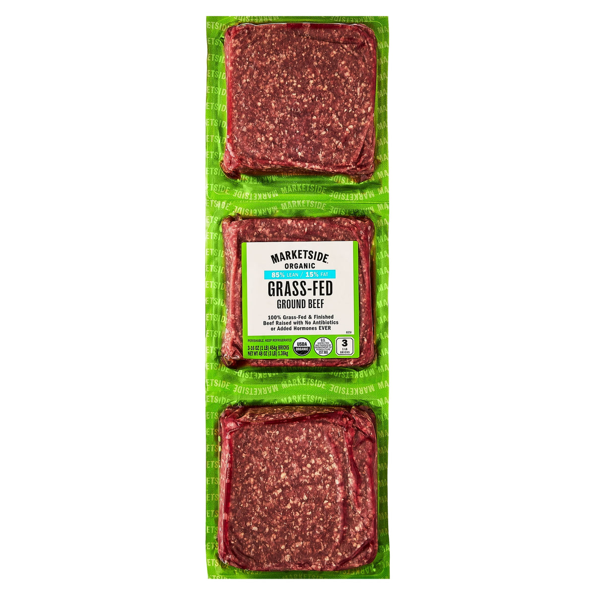 Marketside Refrigerated Organic Grass-Fed Ground Beef 85% Lean/15% Fat, 3 lbs, 3 ct