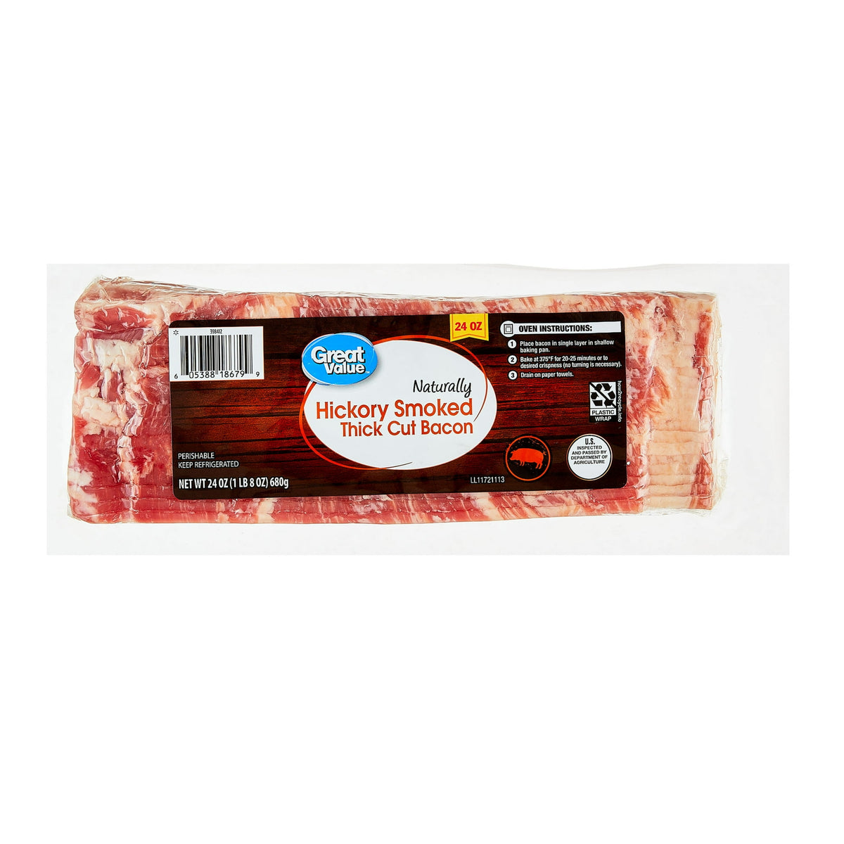 Great Value Refrigerated Thick Cut Sliced Bacon Naturally Hickory Smoked, 24 oz