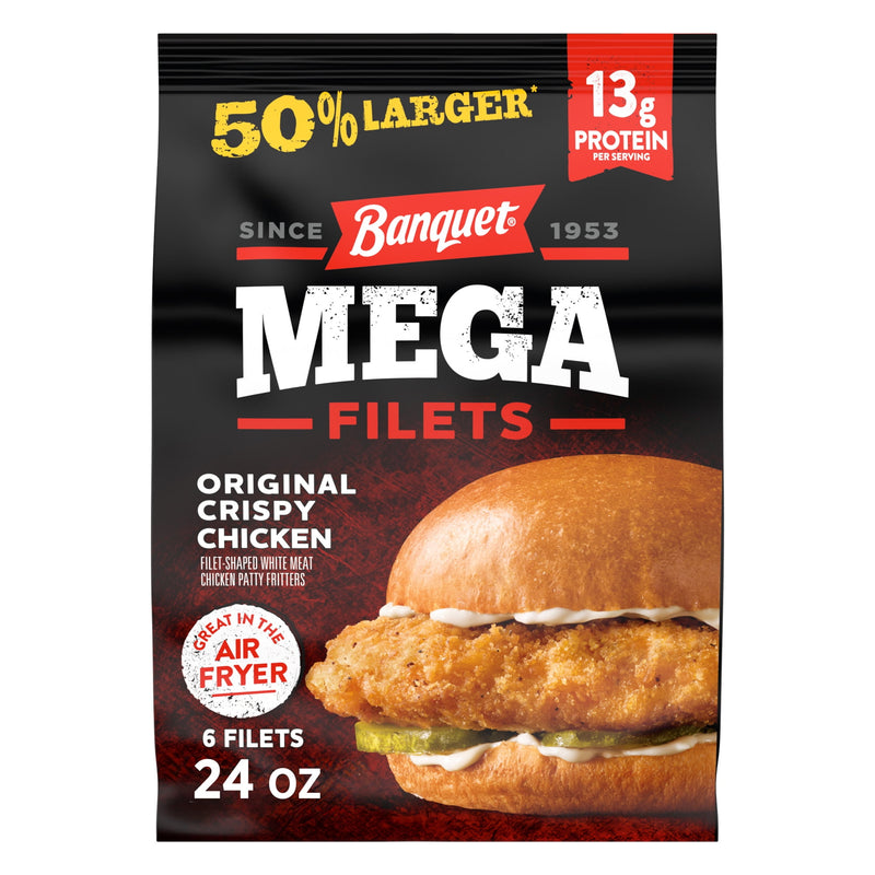Banquet MEGA Filets Original Crispy Chicken Filets, 13g Protein per Serving, Frozen Meal, 24 oz., 6-Count — package