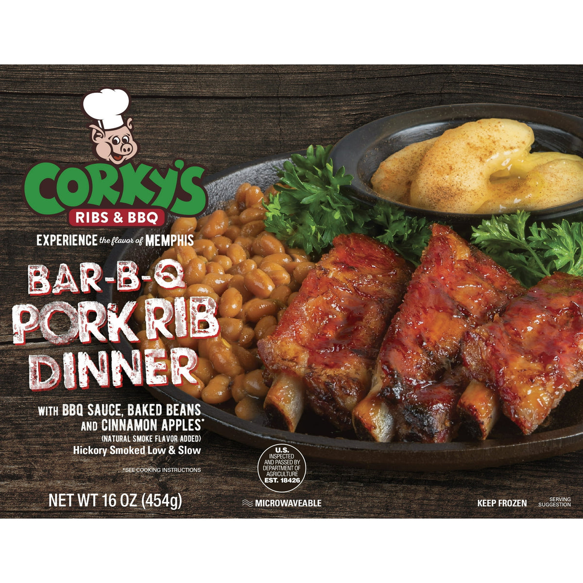 Corky's BBQ Frozen Pork Rib Dinner with Baked Beans and Cinnamon Apples, 16 oz