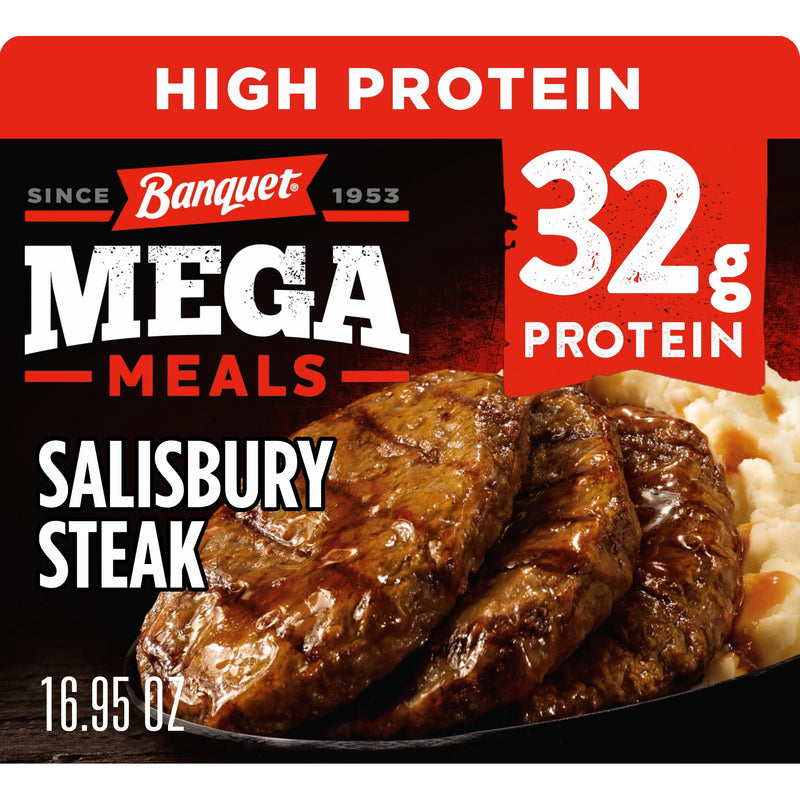 Banquet Mega Meals Salisbury Steak with Mashed Potatoes, 32g Protein, Frozen Meal, 16.95 oz. — package