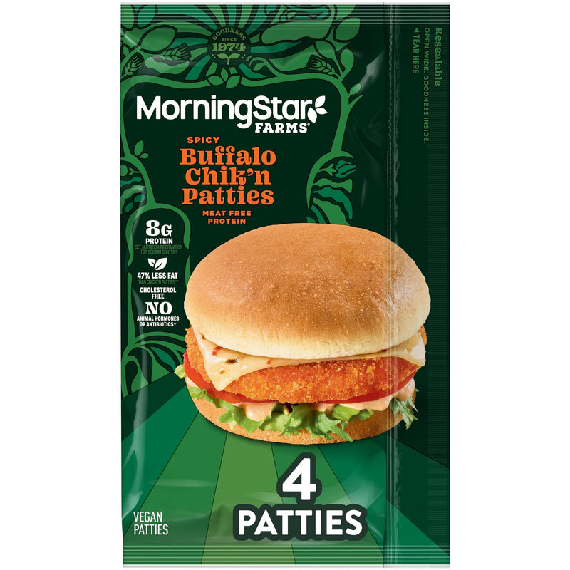 MorningStar Farms Spicy Buffalo Vegan, Meat Free, 10 oz, 4 Count Bag — package