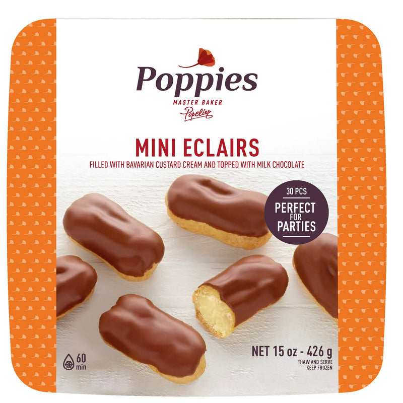 Poppies Belgian Milk Chocolate Topped Mini Eclairs with Bavarian Custard, Frozen Ready-to-Eat, Preparation Type - Thawed, 15oz — package
