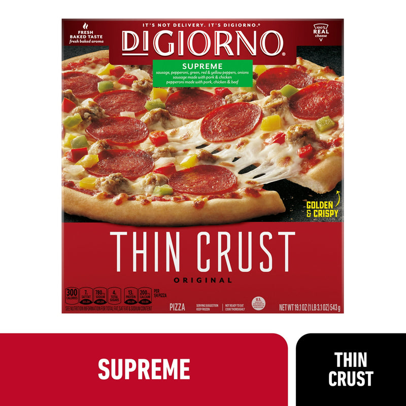 DiGiorno Frozen Pizza Thin Crust Cheese Veggie and Meat Supreme Pizza, 19.1 oz — package