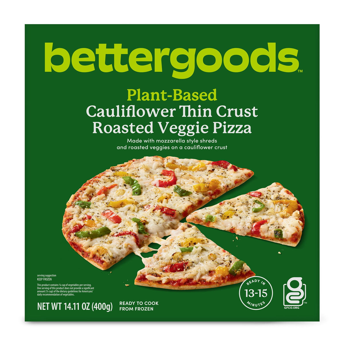 bettergoods Frozen Plant-Based Cauliflower Thin Crust Pizza Roasted Veggie, 14.11 oz