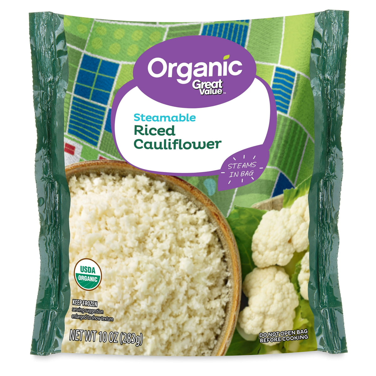 Great Value Frozen Organic Steamable Riced Cauliflower, 10 oz