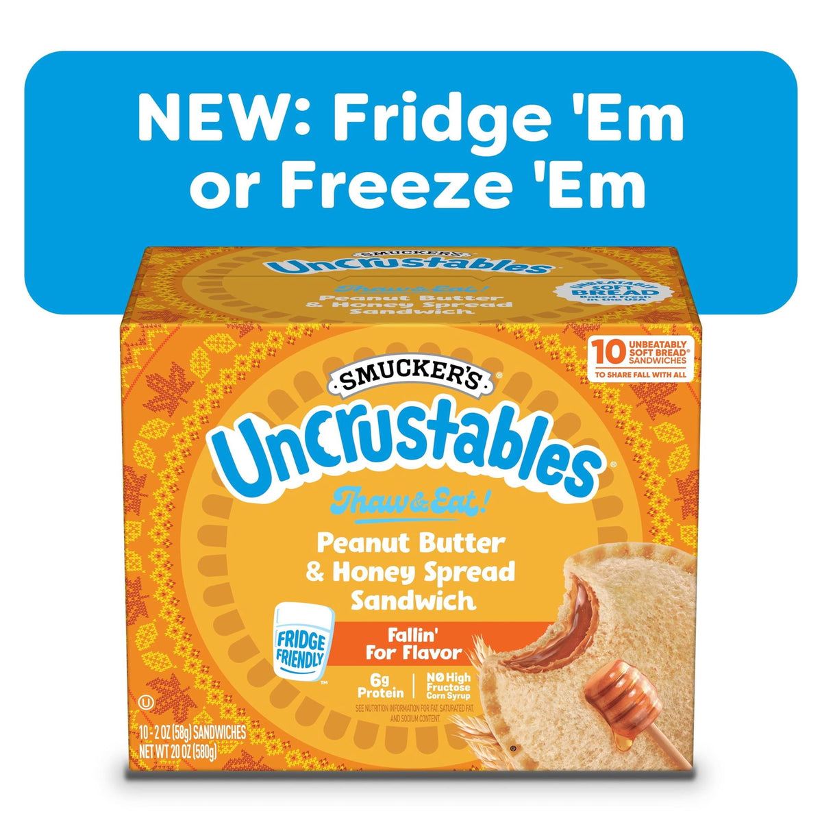 Smucker's Frozen Uncrustables Peanut Butter & Honey Spread Sandwiches, 20 oz, 10 ct