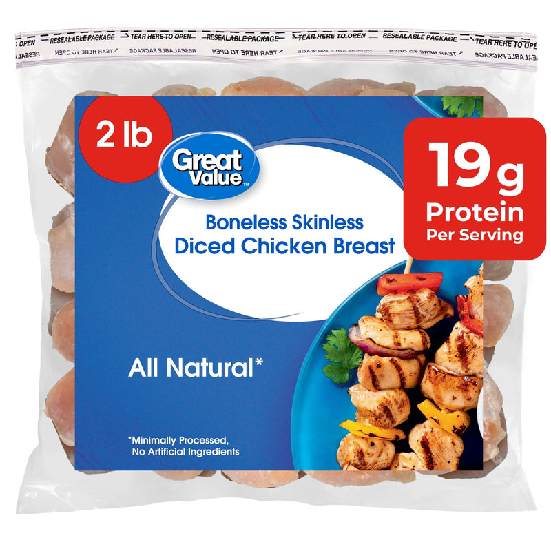 Great Value Boneless Skinless Diced Chicken Breast, 2 lb (Frozen) — package