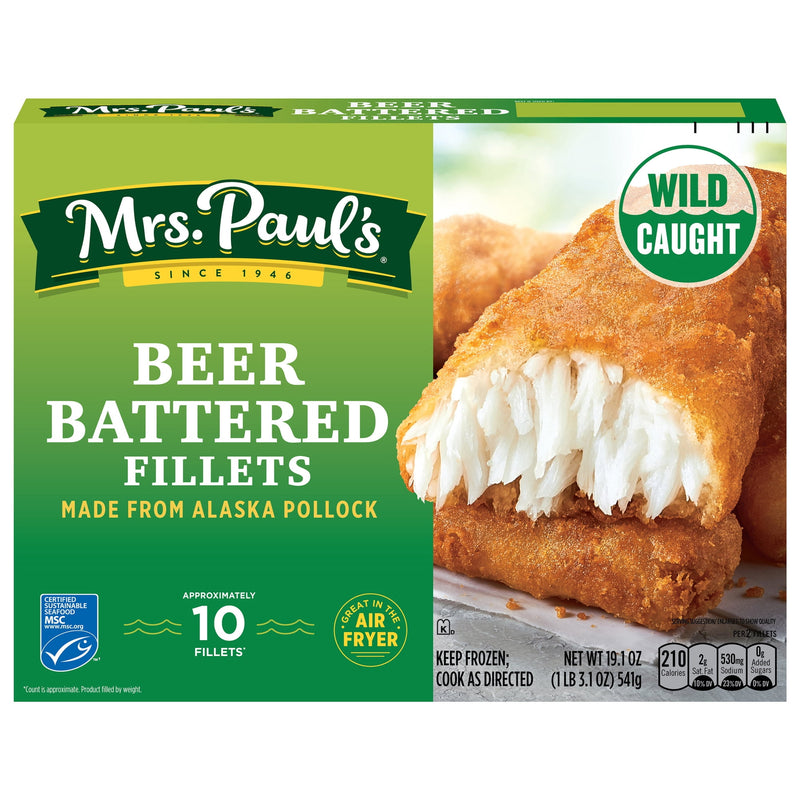 Mrs. Paul's Crispy Beer Battered 100% Wild-Caught Fish Fillets, 19.45 oz. 10-Count Box (Frozen) — package