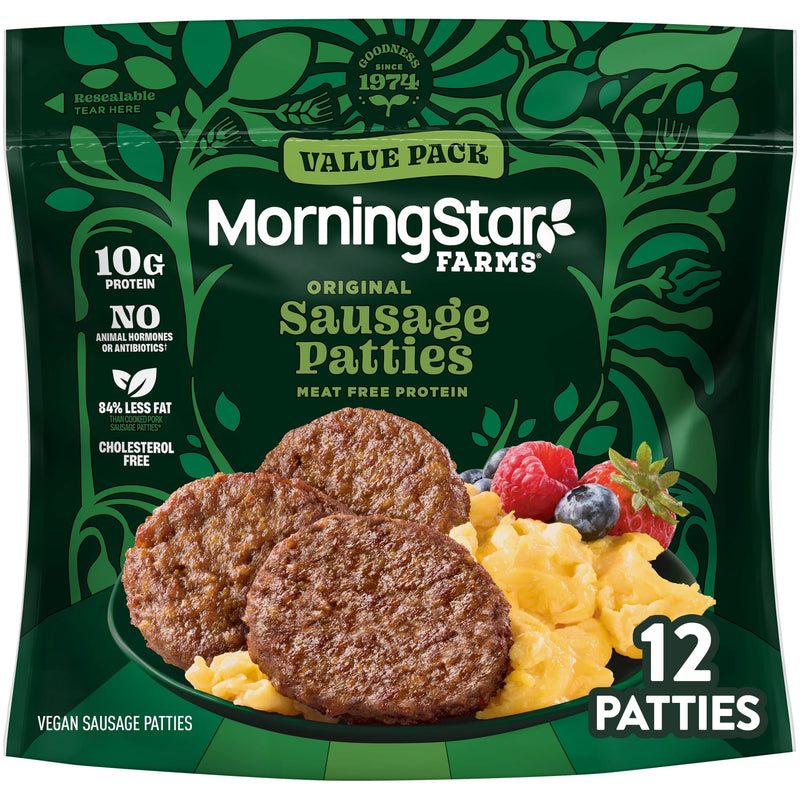 MorningStar Farms Veggie Breakfast Original Plant Based Sausage Patties, Vegan Sausage, 16 oz, 12 Count Bag — package