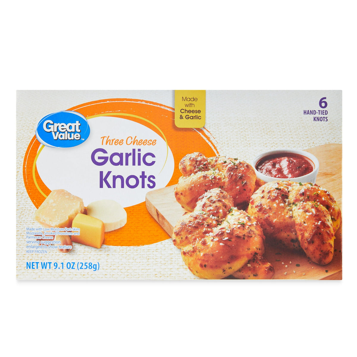 Great Value Frozen Three Cheese Garlic Knots, 9.1 oz, 6 ct