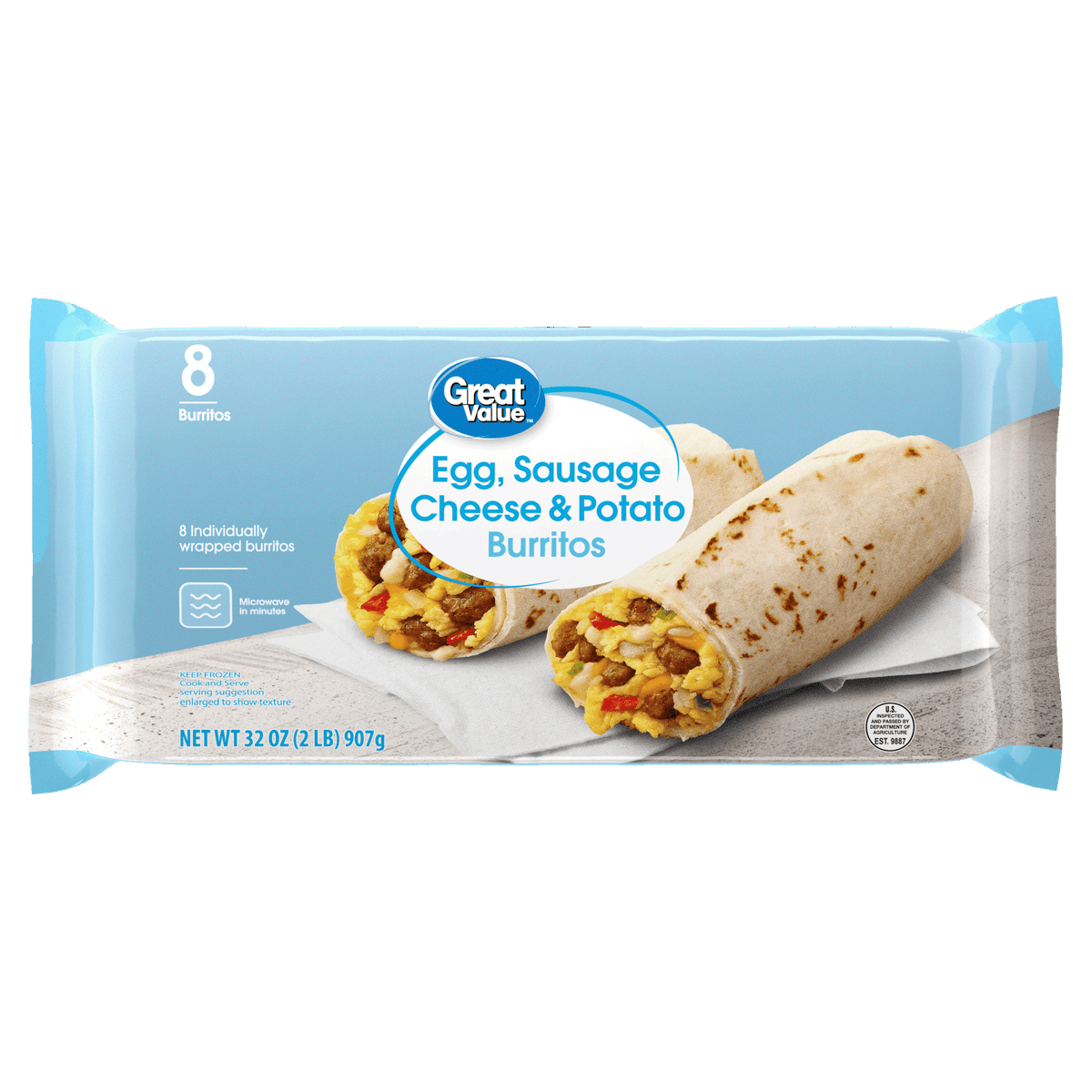 Great Value Frozen Breakfast Burritos Sausage Egg and Cheese with Potatoes, 32 oz, 8 ct