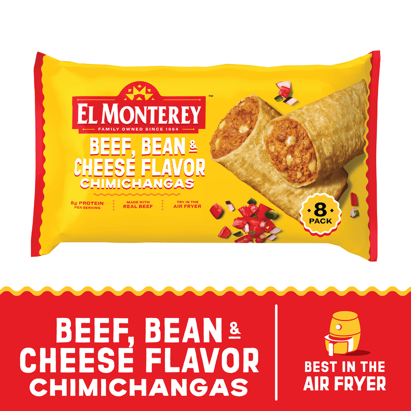 El Monterey Beef, Bean & Cheese Flavor Chimichangas, 30.4 oz, 8 Count (Frozen) — package
