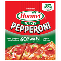HORMEL Turkey Pepperoni Slices, Pizza Topping, Gluten Free, Original, Refrigerated, 5 oz Bag — package
