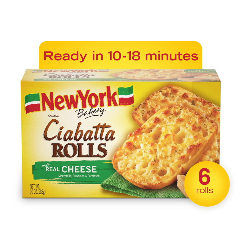 New York Bakery Real Cheese Olde World Ciabatta Rolls, 10 oz (6 Count), Frozen — package