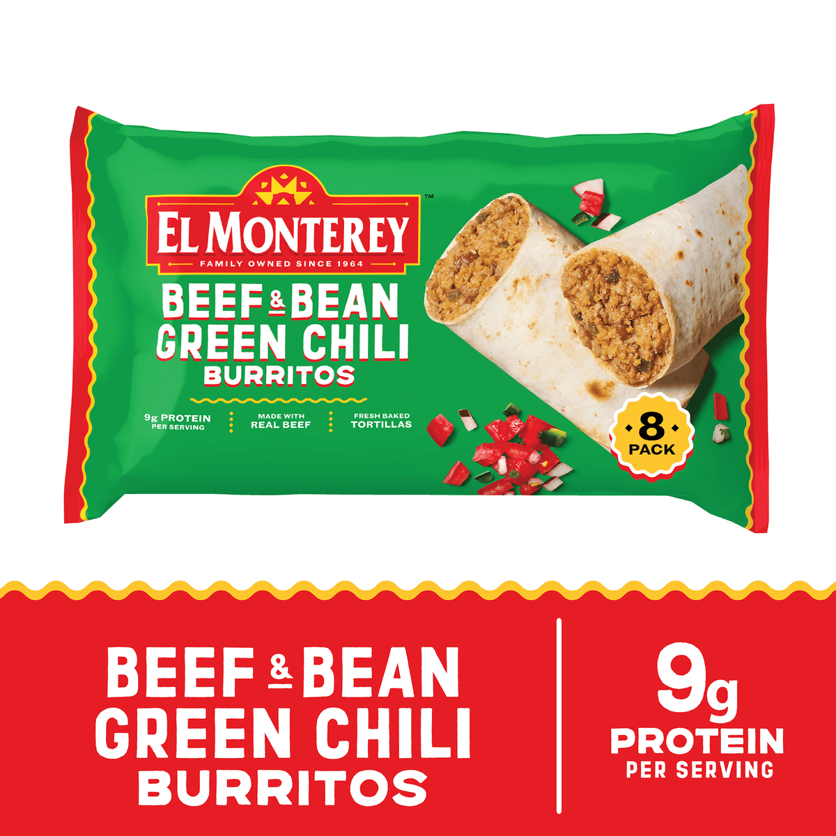 El Monterey Frozen Beef & Bean Green Chili Burritos, 32 oz, 8 ct