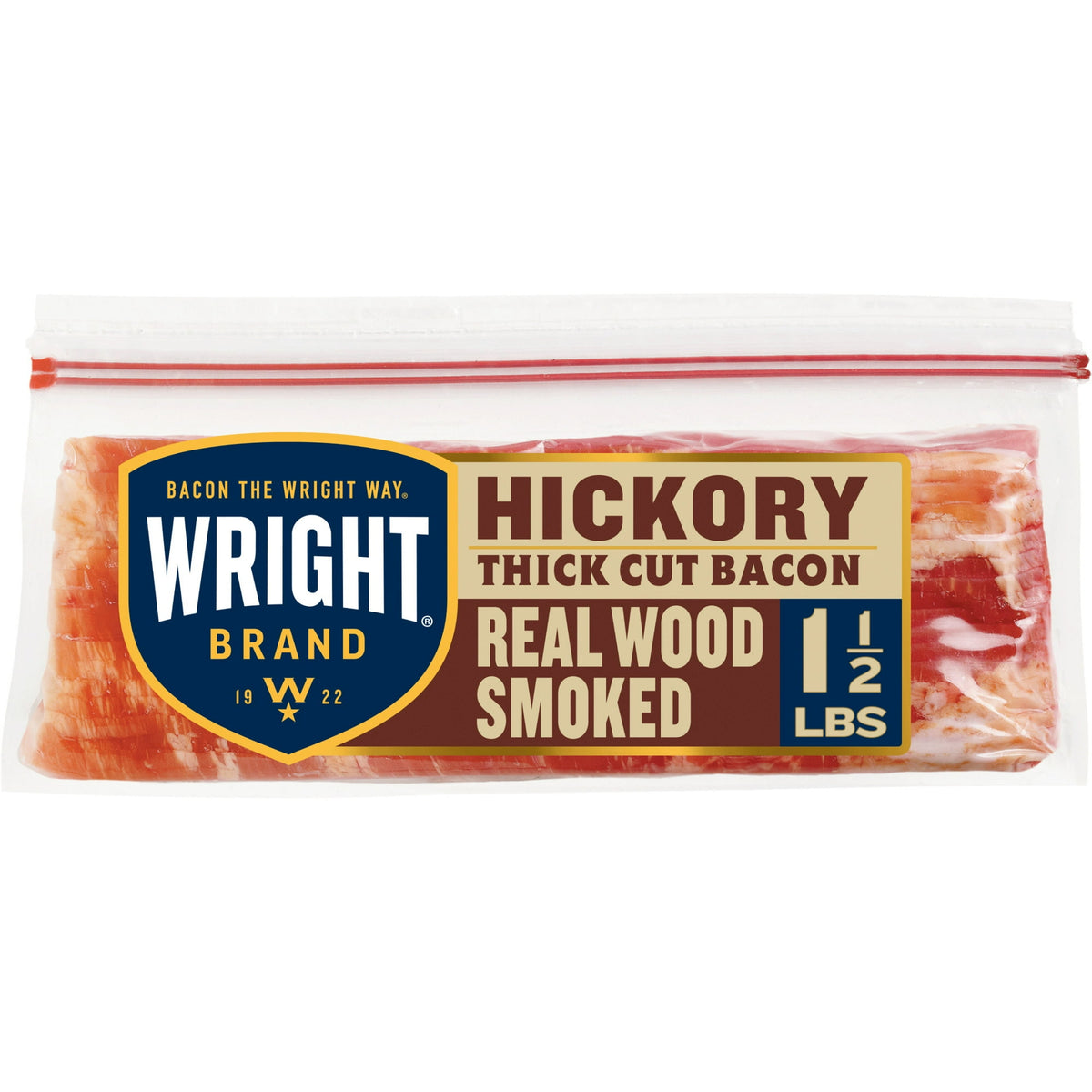 Wright Brand Refrigerated Thick Cut Sliced Bacon Hickory Smoked, 24 OZ