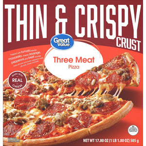 Great Value Frozen Thin Crust Three Meat Pizza Tomato Basil Garlic Sauce, 17.8 oz