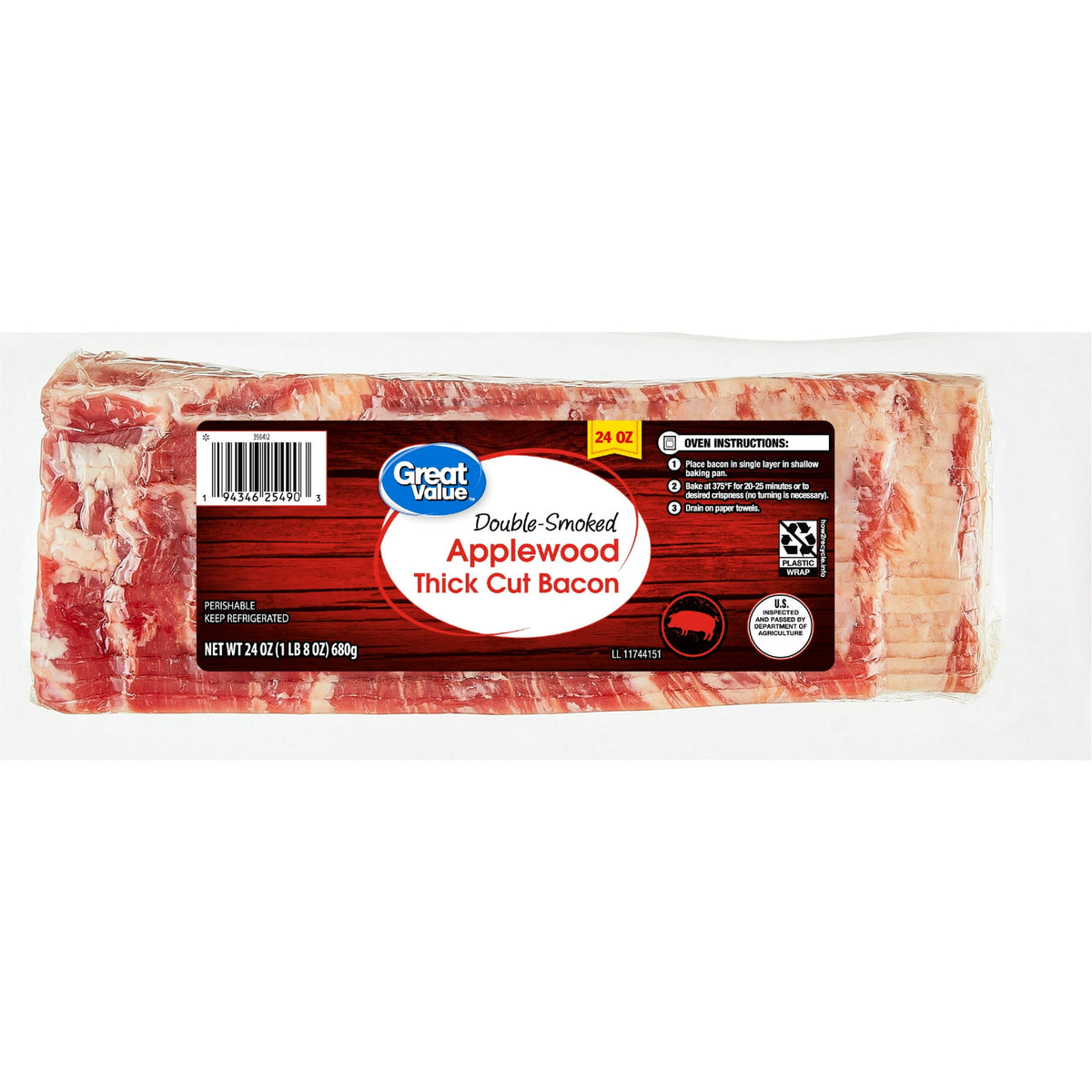 Great Value Refrigerated Thick Cut Bacon Double Smoked Applewood, 24 oz