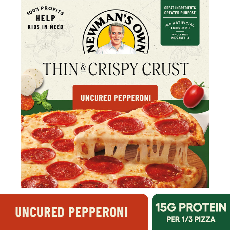Newman's Own Thin & Crispy Crust Uncured Pepperoni High Protein Frozen Pizza, 15.1 oz — package