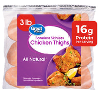 Great Value All Natural Boneless Skinless Chicken Thighs, 3 lb (Frozen) — package