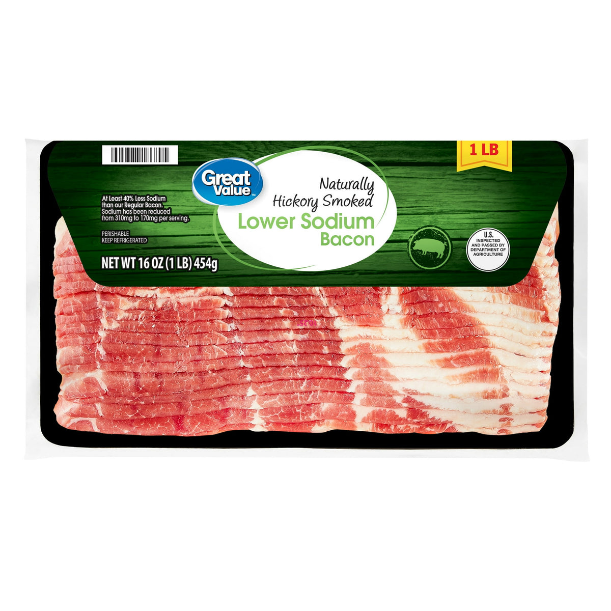 Great Value Refrigerated Hickory Smoked Lower Sodium Bacon, 16 oz