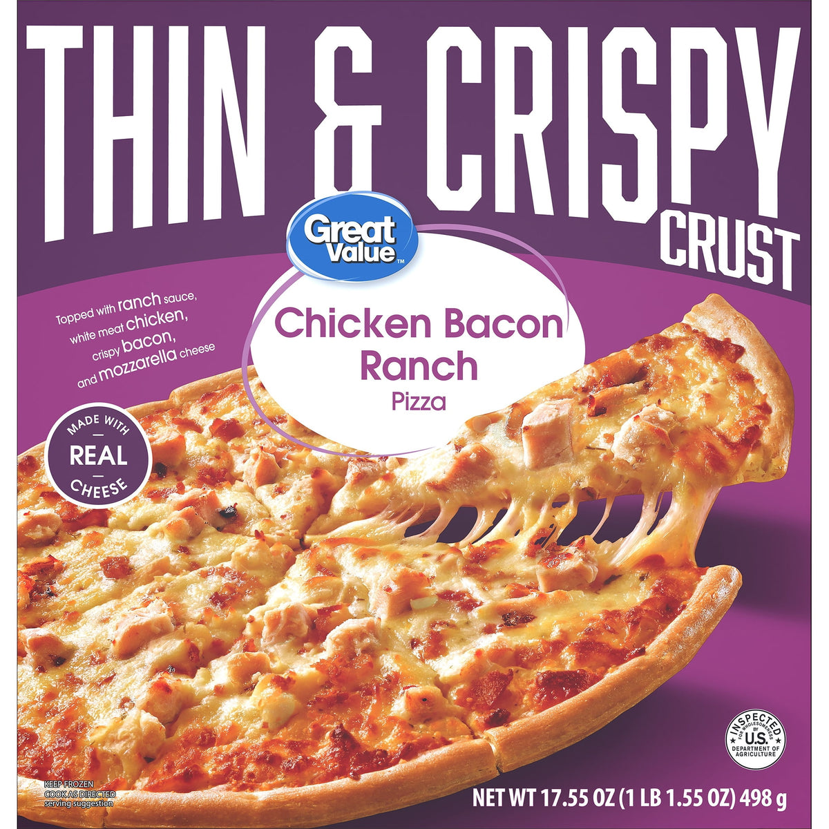 Great Value Frozen Thin Crust Chicken Bacon Ranch Pizza, 17.5 oz
