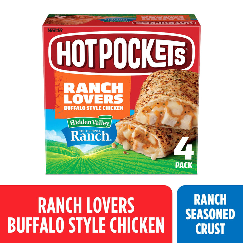Hot Pockets Ranch Lovers Buffalo Style Chicken, Hidden Valley Ranch, Sandwich Snacks, 17 oz, 4 Pack (Frozen) — package