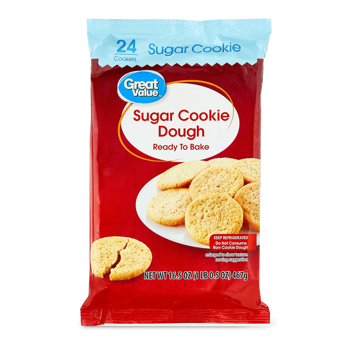 Great Value Refrigerated Ready to Bake Sugar Cookie Dough, 16.5 oz, 24 ct