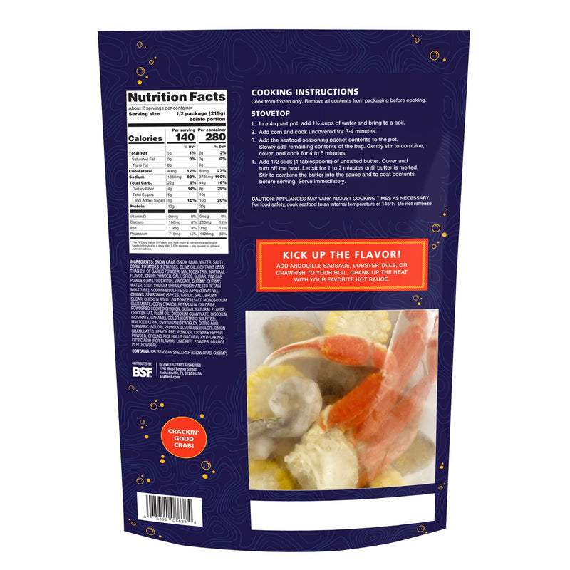 Sea Best Merman’s Revenge Frozen Fresh Seafood Boil, 1.5lb Bag, Snow Crab, Corn on the Cob, Potatoes, Shrimp, Pearl Onions and Spicy Seafood Seasoning — package