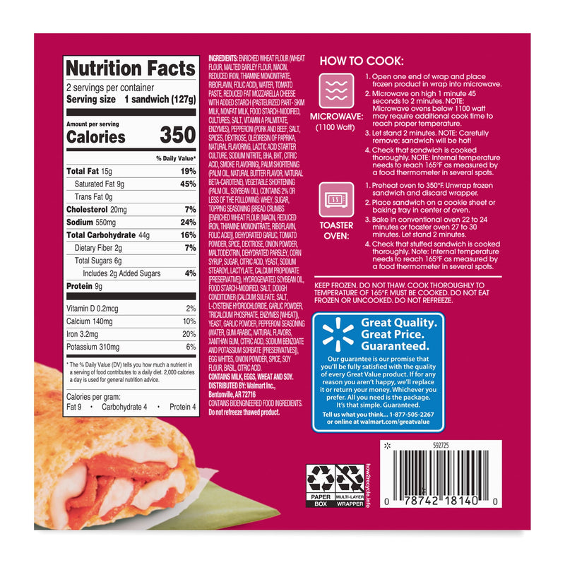 Great Value Pepperoni & Cheese Filled Sandwiches, 9 oz, 2 Count (Frozen) — photo 2