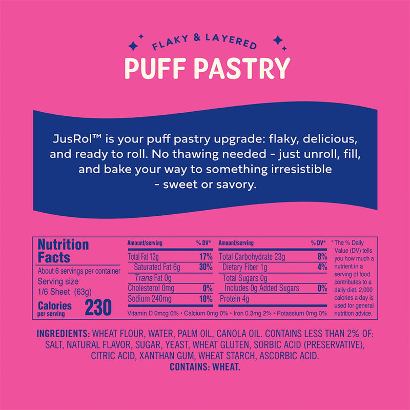 Jus-Rol Flaky & Layered Puff Pastry Sheet, Pre-Rolled Refrigerated Dough, 13.2 oz, 1 Sheet, For Sweet or Savory Baking — photo 2