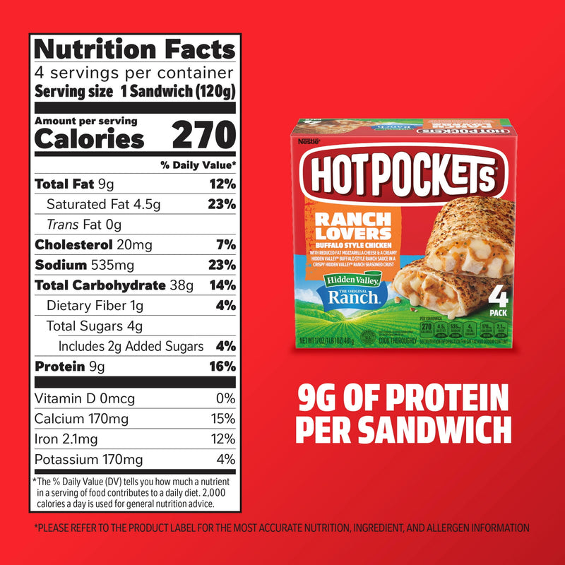 Hot Pockets Ranch Lovers Buffalo Style Chicken, Hidden Valley Ranch, Sandwich Snacks, 17 oz, 4 Pack (Frozen) — photo 4