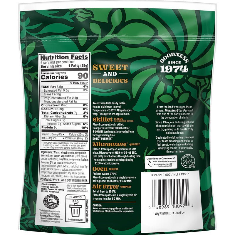MorningStar Farms Veggie Breakfast Maple Flavored Plant Based Sausage Patties, Vegan Sausage, 8 oz, 6 Count Bag — photo 4