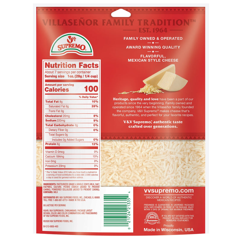 V&V Supremo Shredded Chihuahua Authentic Mexican Style Quesadilla Cheese, Gluten-Free, 7.06 oz, Refrigerated — photo 4