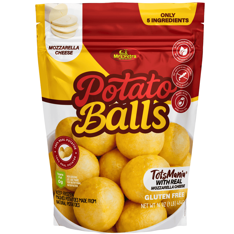 Mrs. Petra TotsMania Mozzarella Cheese Potato Balls, Frozen Potatoes, 16 oz Bag — package