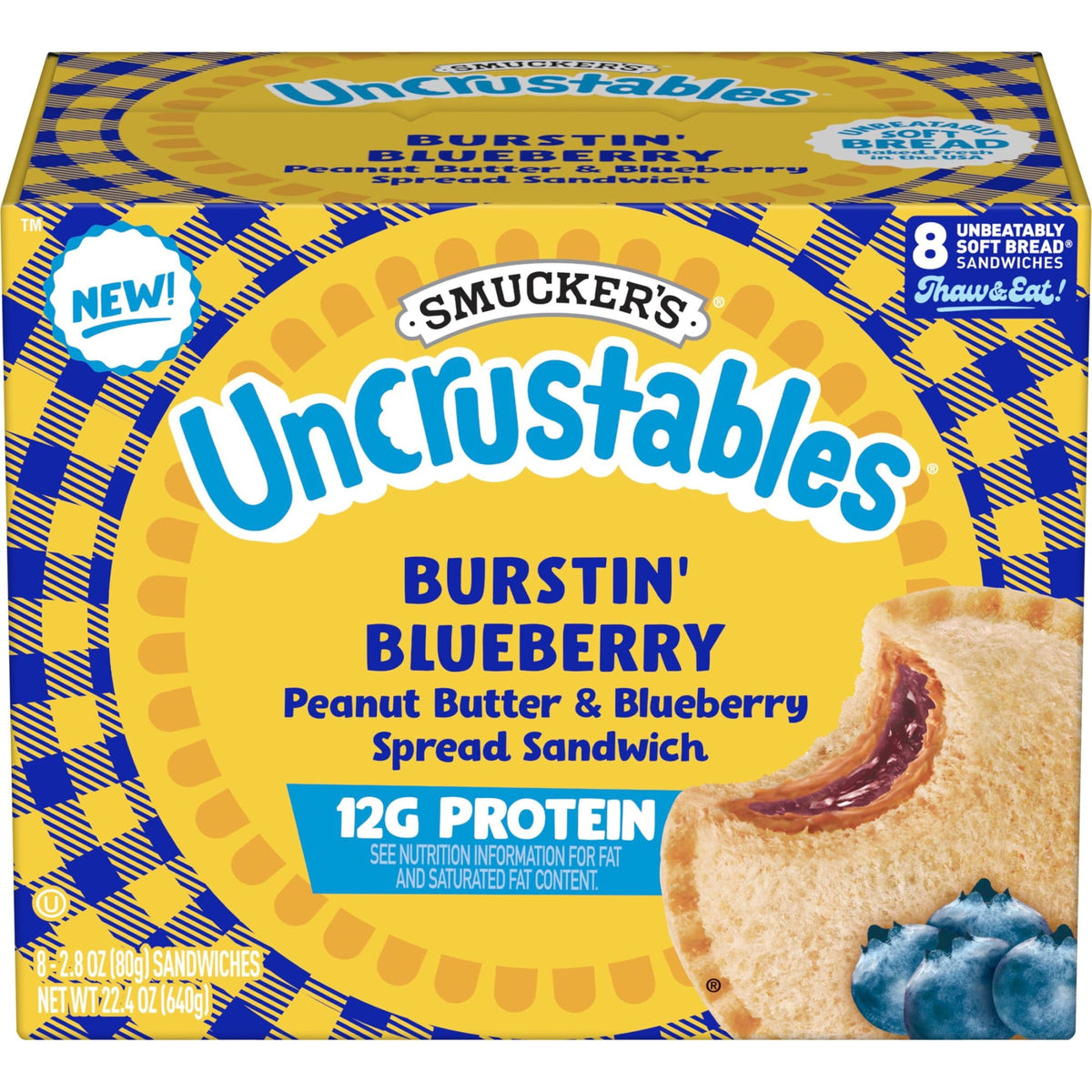 Smucker's Frozen Uncrustables Burstin' Blueberry Peanut Butter & Blueberry Sandwiches, 22.4 oz, 8 ct