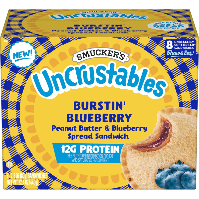 Smucker’s Uncrustables Burstin' Blueberry Morning Protein Snacks, Peanut Butter & Blueberry Spread Sandwiches on Wheat Bread, 8 Count, 2.8 oz Each, Frozen — package