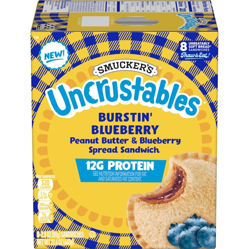 Smucker’s Uncrustables Burstin' Blueberry Morning Protein Snacks, Peanut Butter & Blueberry Spread Sandwiches on Wheat Bread, 8 Count, 2.8 oz Each, Frozen — photo 2