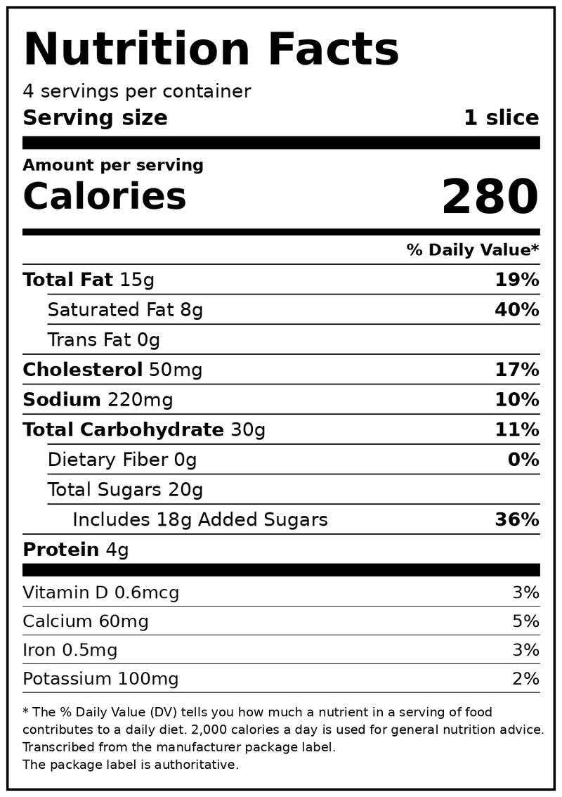 Great Value Cheesecake Sampler, 12 oz, 4 Slices (Frozen) — Nutrition Facts