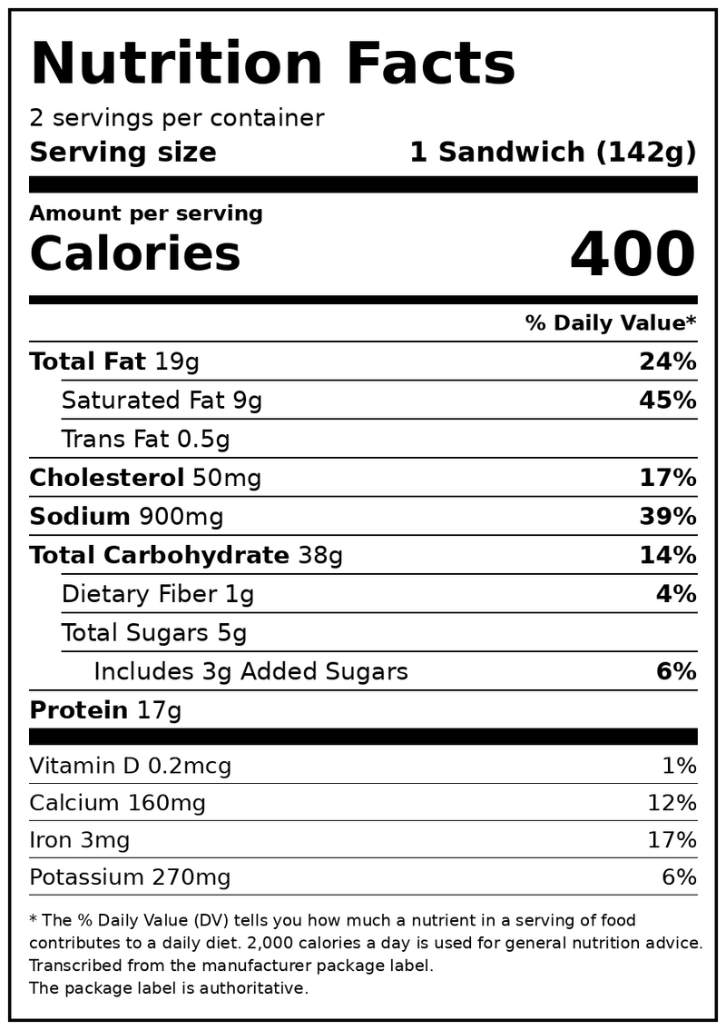 Raybern's Philly Cheesesteak Sandwich 10 oz, 2 Ct (Frozen) — Nutrition Facts