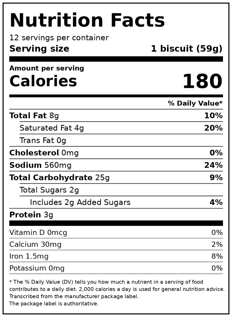 Pillsbury Grands! Buttermilk Biscuits Frozen Dough, 12 ct., 25 oz. — Nutrition Facts