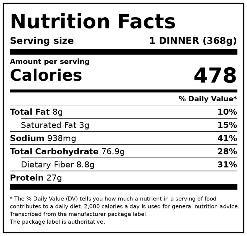 Corky’s Memphis Style BBQ Pulled Pork Dinner with Baked Beans & Cinnamon Apples, Frozen Single Serve Meal, 13 oz — Nutrition Facts