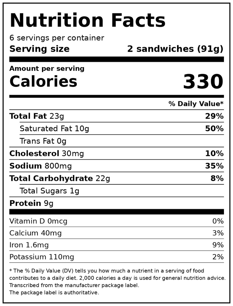 Odom’s Tennessee Pride Sausage & Buttermilk Biscuits, Snack Size Breakfast Sandwiches, 12 Count (Frozen) — Nutrition Facts
