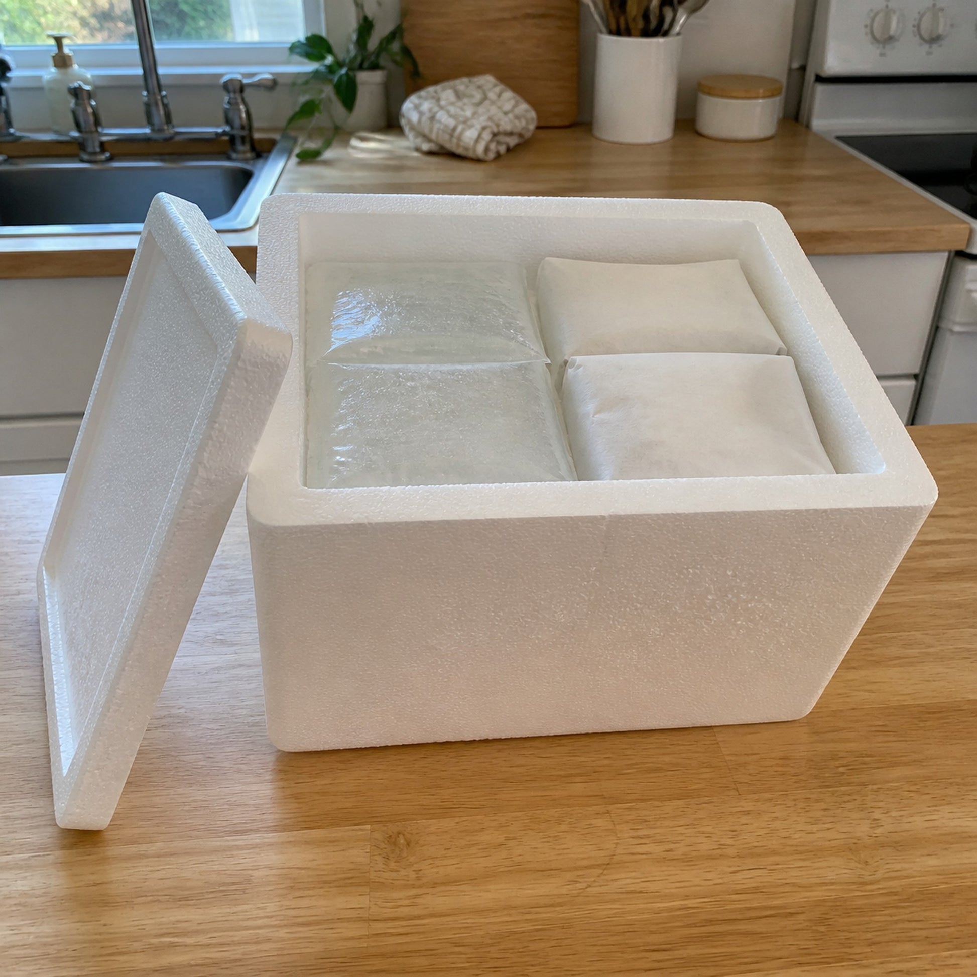The Freezer Fill Starter Box packed with gel ice, opened on a kitchen counter