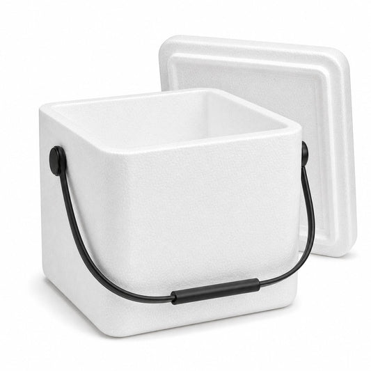 Our 12 quart white foam shipping cooler, lid off, black carry handle — photo of the actual product we ship